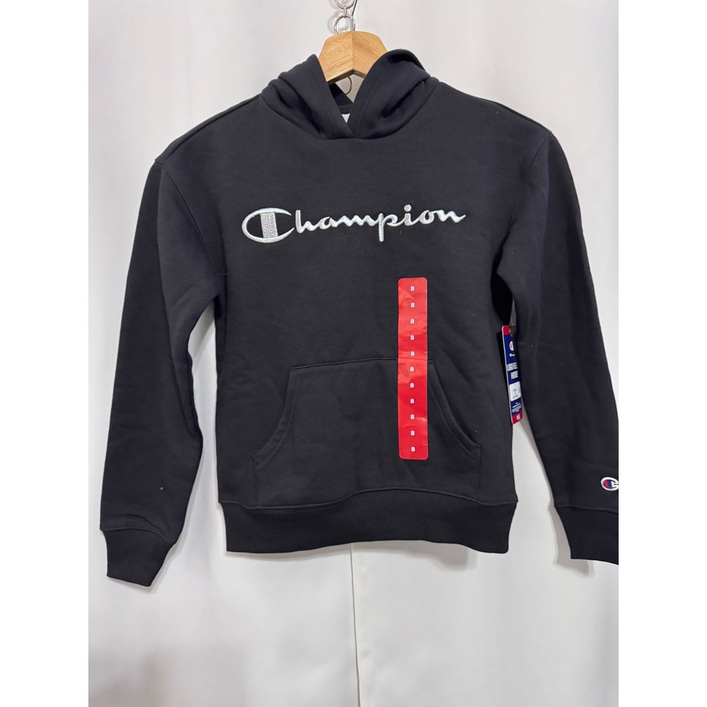 Champion Kids Logo Fleece Hoodie Black Script Pullover Sweatshirt Size M 8